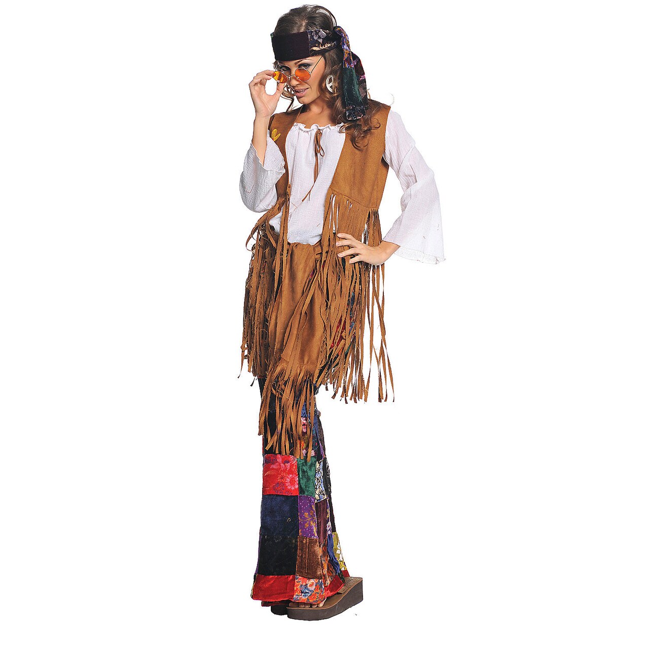 Womens Hippie Costume Fringed Vest Velvet Patchwork Bell Bottoms